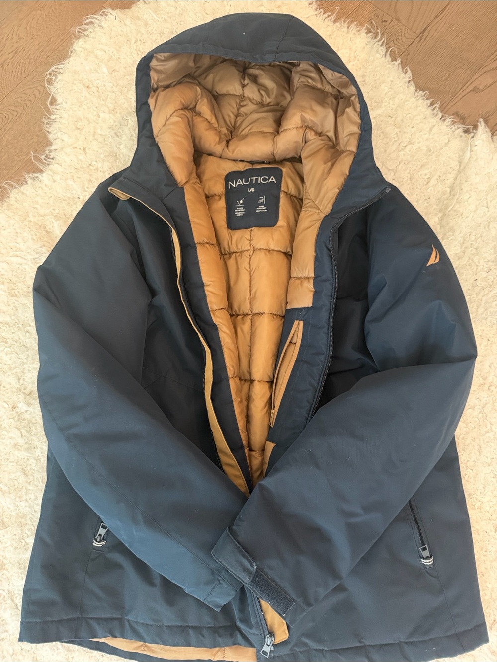 Nautica Men’s Navy Puffer Jacket with Tan Interior